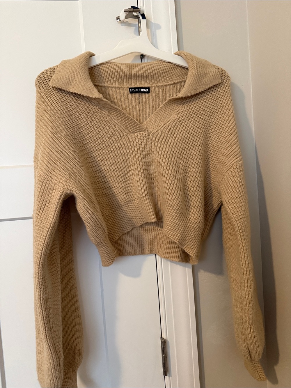 Fashion Nova Cropped V-Neck Collared Sweater - Camel/Tan